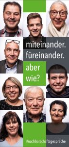 Flyer der Gemeinde Ühlingen-Birkendorf zu den Nachbarschaftsgesprächen mit der Aufschrift "Miteinander. Füreinander. Aber wie?".
