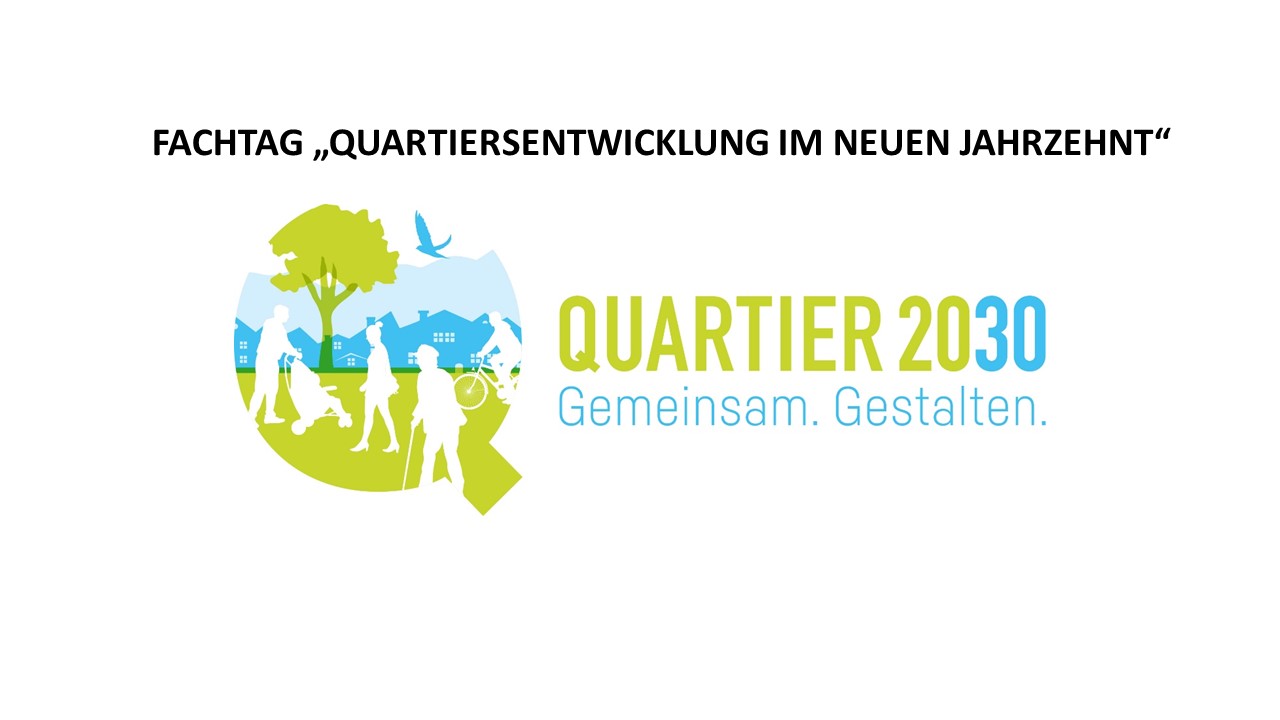 Logo des Quartier2030 Gemeinsam.Gestalten mit der Aufschrift "Fachtag "Quartiersentwicklung im neuen Jahrzehnt""