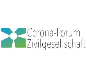 Zu sehen ist ein Beitragsbild, mit einem vierblättrigem Logo auf der linken Seite sowie die dazu gehörige Überschrift "Corona-Forum Zivilgesellschaft"