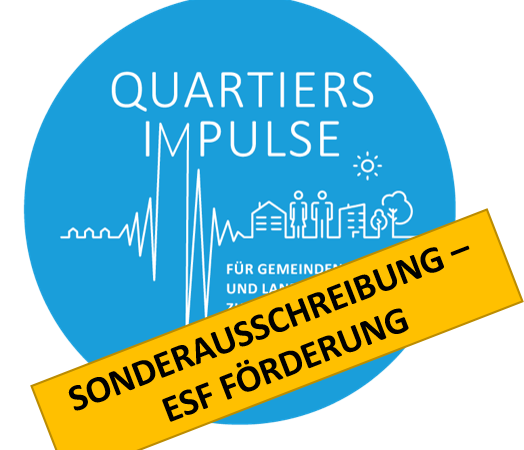 Zu sehen ist das Logo des Förderprogrammes "Quartiersimpulse", welches mit der zusätzlichen Information "Sonderausschreibung - ESF Förderung" versehen wurde.
