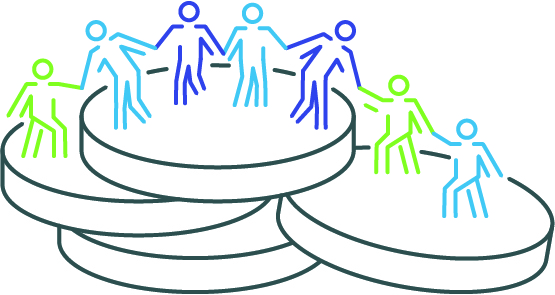 Zu sehen ist ein Piktogramm, auf dem sieben Personen abgebildet sind. Diese Personen bilden jeweils eine Menschenkette und halten sich gegenseitig die Hände. Alle sieben Personen stehen auf vier großen Talern, die übereinander gestapelt sind. Das Piktogramm soll sinnbildlich für das Förderprogramm "Beteiligungstaler" stehen.