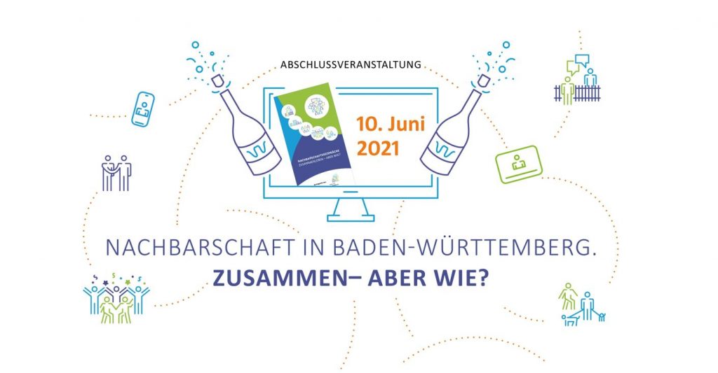 Zu sehen ist ein Piktogramm, welches zur Abschlussveranstaltung der Nachbarschaftsgespräche am 10.06.2021 mit dem Titel "Nachbarschaft in Baden-Württemberg. Zusammenleben - aber wie?" erstellt wurde.