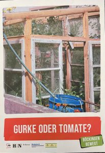 Zu sehen ist ein Bild mit der Aufschrift "Gurke oder Tomate? Böckingen bewegt". Aufgenommen wurde das Bild im Rahmen eines Nachbarschaftsgespräches in Böckingen.