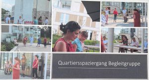 Zu sehen sind mehrere Bilder der Begleitgruppe eines Quartiersspazierganges. Aufgenommen wurden die Bilder im Rahmen eines Projektbesuches in Tettnang.