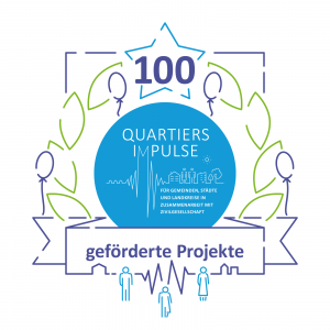 Logo zum Anlass von 100 geförderten Projekten in den Quartiersimpulsen