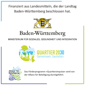 Auf dem Bild ist das Logo des Förderprogramms Quartiersimpulse der Allianz für Beteiligung zu sehen. Auf dem Logo steht geschrieben, dass das Förderprogramm aus Landesmitteln finanziert wird, die der Landtag Baden-Württemberg beschlossen hat.