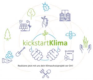 Projektlogo Kickstart Klima. Realisiere jetzt mit uns dein Klimaschutzprojekt vor Ort