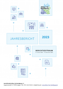 Hier ist das Titelbild vom Jahresbericht 2023 zu sehen. Es zeigt unterschiedliche Piktogramme zur Bürgerbeteiligung.