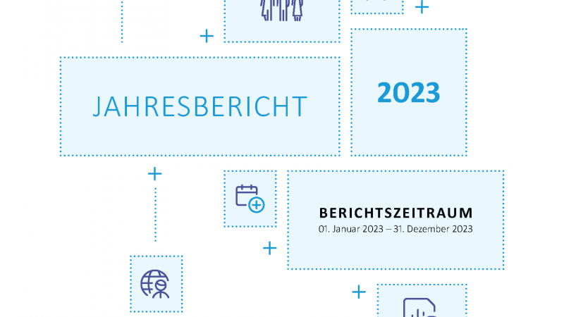 Hier ist das Titelbild vom Jahresbericht 2023 zu sehen. Es zeigt unterschiedliche Piktogramme zur Bürgerbeteiligung.