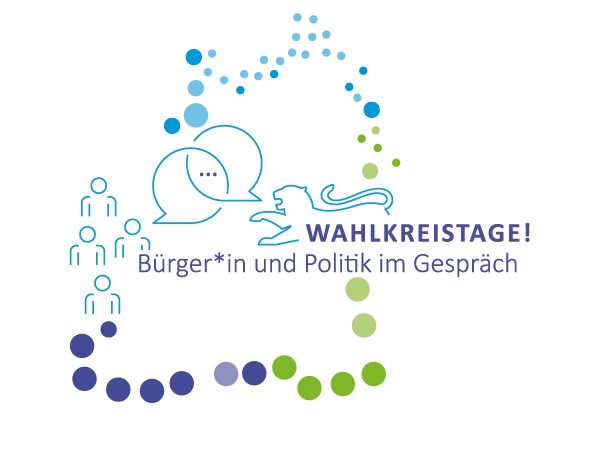 Logo des Projekts Wahlkreistage! Bürger und Politik im Gespräch umrahmt von einem Kreis an bunten Punkten, die die Umrisse des Lands Baden-Württemberg abbilden.
