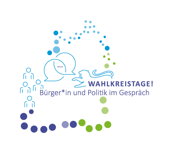 Logo des Projekts Wahlkreistage! Bürger und Politik im Gespräch umrahmt von einem Kreis an bunten Punkten, die die Umrisse des Lands Baden-Württemberg abbilden.