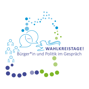 Auf diesem Bild sieht man das Logo des Projekts Wahlkreistage! Bürger und Politik im Gespräch umrahmt von einem Kreis an bunten Punkten, die die Umrisse des Lands Baden-Württemberg abbilden.