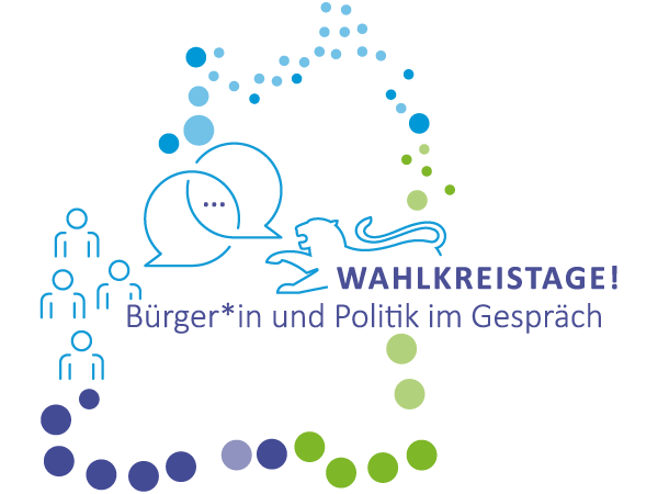 Auf diesem Bild sieht man das Logo des Projekts Wahlkreistage! Bürger und Politik im Gespräch umrahmt von einem Kreis an bunten Punkten, die die Umrisse des Lands Baden-Württemberg abbilden.
