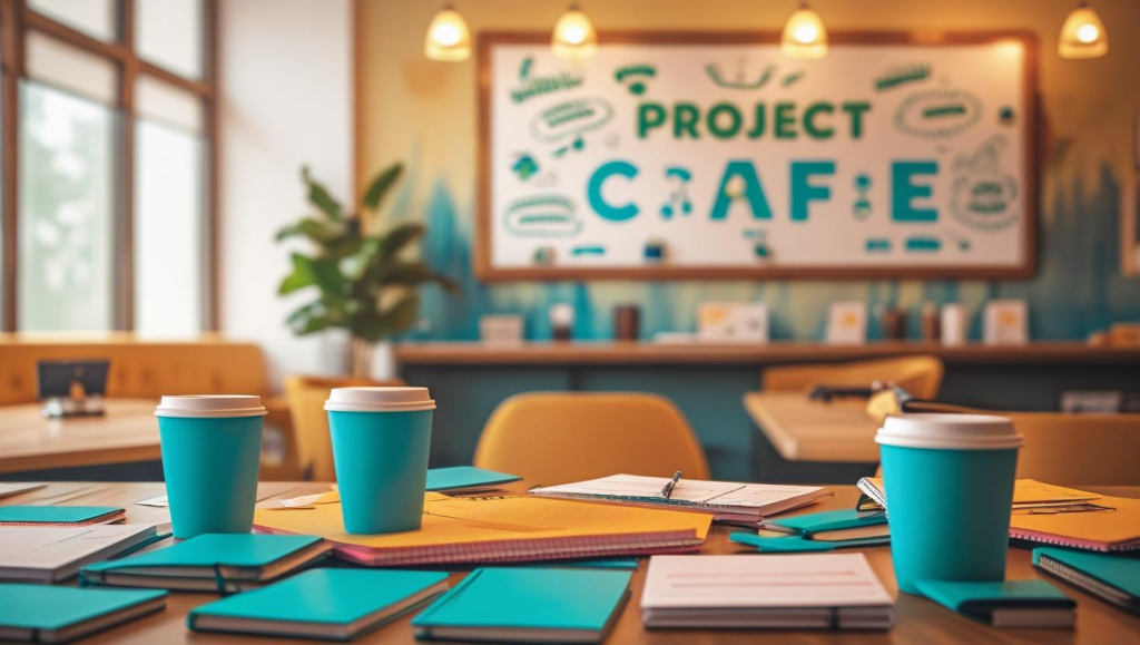 Innenraum eines Cafés mit Stühlen und Tischen. Auf dem Tisch sind Kaffee-Becher und Notizblöcke zu sehen.