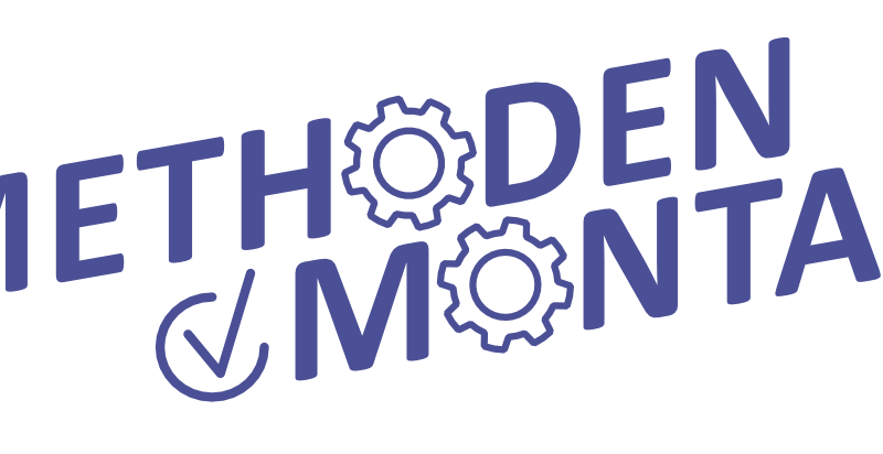 Das Logo des Formats "Methoden Montag" mit gleichnamigen blauen Schriftzug. Dabei sind die "O's" als ineinandergreifende Zahnräder dargestellt.